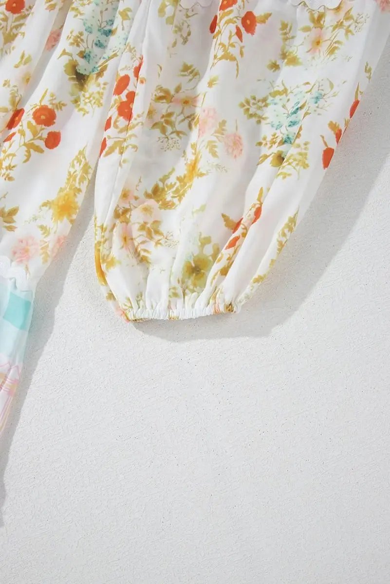 Pink Ric Rac Plaid Floral Print Patchwork Bubble Sleeve Dress - Love Salve